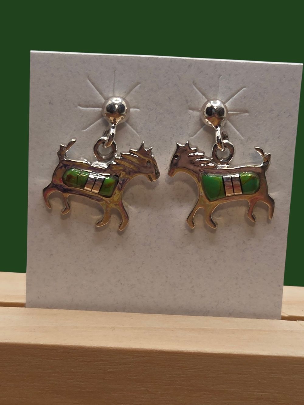 Vintage Sterling Silver Green Turquoise Inlay Horse Drop Earrings